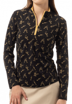 SanSoleil Ladies & Plus Size SolStyle Ice Long Sleeve Zip Mock Golf Sun Shirts - Cheers Black/Gold