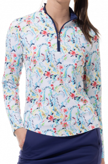 SanSoleil Ladies & Plus Size SOLTEK Lux Long Sleeve Print Zip Mock Golf Sun Shirts - Chantilly Multi