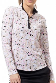 SanSoleil Ladies & Plus Size SOLTEK Lux Long Sleeve Print Zip Mock Golf Sun Shirts - Chantilly Pink