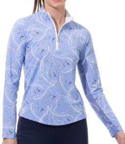 SanSoleil Ladies & Plus Size SOLTEK Lux Long Sleeve Print Zip Mock Golf Sun Shirts - Free Rein Blue