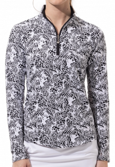 SanSoleil Ladies & Plus Size SOLTEK Lux Long Sleeve Print Zip Mock Golf Sun Shirts - Kingdom Black