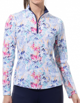 SanSoleil Ladies & Plus Size SOLTEK Lux Long Sleeve Print Zip Mock Golf Sun Shirts - Kingdom Multi