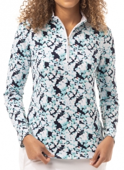 SanSoleil Ladies & Plus Size SOLTEK Lux Long Sleeve Print Zip Mock Golf Sun Shirts - Lucky Charm