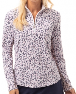 SanSoleil Ladies & Plus Size SOLTEK Lux Long Sleeve Print Zip Golf Sun Shirts - Mai Tai Pink/Navy