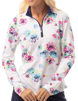 SanSoleil Ladies & Plus Size SOLTEK Lux Long Sleeve Print Zip Mock Golf Sun Shirts - Mumzie