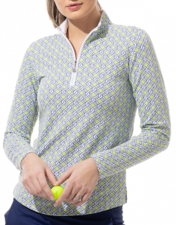 SanSoleil Ladies & Plus Size SOLTEK Lux Long Sleeve Print Zip Mock Golf Sun Shirts - Pinnacle Lime