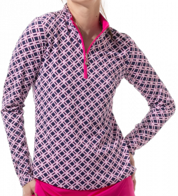 SanSoleil Ladies & Plus Size SOLTEK Lux Long Sleeve Print Zip Mock Golf Sun Shirts - Pinnacle Navy