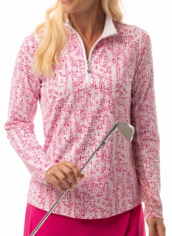 SanSoleil Ladies & Plus Size SOLTEK Lux Long Sleeve Print Zip Mock Golf Sun Shirts - Zanzibar Pink