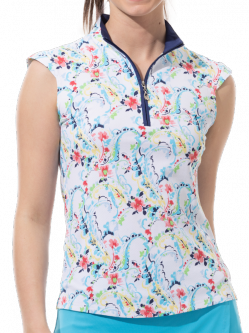 SanSoleil Ladies & Plus Size SOLTEK Lux Sleeveless Print Zip Mock Golf Shirts - Chantily Multi