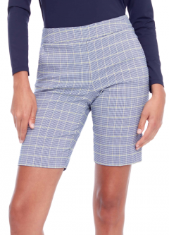 Swing Control Ladies LUCCA PLAID Vented Techno Pull On Print Golf Shorts - White/Lemon/Blue