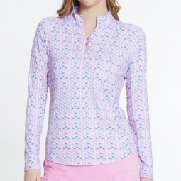 Sport Haley Ladies & Plus Size TEMPO L/S Print Golf Mock Shirts - Bermuda/Cool Elements (Pink Sand)