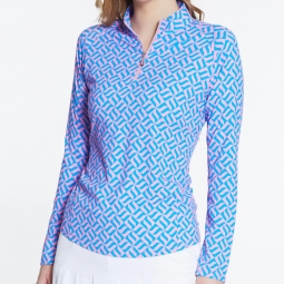 Sport Haley Ladies & Plus Size TEMPO L/S Print Golf Mock Shirts - Bermuda/Cool Elements (Scuba Blue)