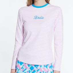 Sport Haley Ladies & Plus Size Birdie Stripe Long Sleeve Golf Crew Shirts - Bermuda (Pink Sand)