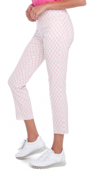 Swing Control Ladies DIAMONDS Vented Techno 28" Pull On Print Golf Ankle Pants - Coral/Grey