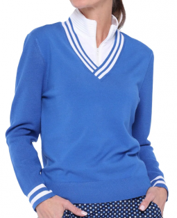 Belyn Key Ladies Lucy Long Sleeve V-Neck Golf Sweaters - AMERICAN BEAUTY (Marine/Chalk)