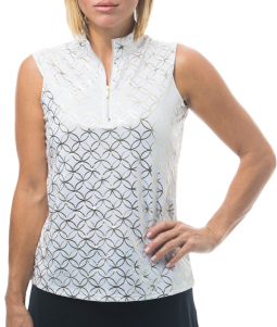 SanSoleil Ladies SolShine Foil Print Sleeveless Zip Mock Golf Shirts - Lattice White/Gold