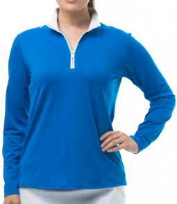 SPECIAL SanSoleil Ladies SolShine Long Sleeve Solid Mock Golf Shirts - Classic Blue