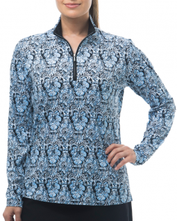 SanSoleil Ladies SolShine Long Sleeve Zip Mock Golf Shirts - Fleur-di-lis Blue