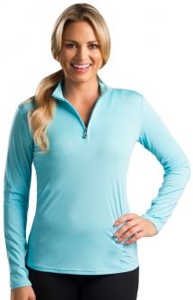 SALE SanSoleil Ladies SunGlow Solid Zip Mock Long Sleeve Golf Shirts - Capri Blue