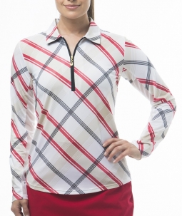 SanSoleil Ladies SolCool Zip Long Sleeve Golf Polo Shirts - Hop Scotch Red