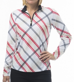 SanSoleil Ladies SolCool Print Long Sleeve Zip Mock Golf Shirts - Hop Scotch Red