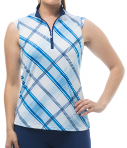 SanSoleil Ladies SolCool Sleeveless Zip Mock Golf Shirts - Hop Scotch Blue