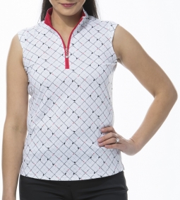 SanSoleil Ladies SolCool Sleeveless Zip Mock Golf Shirts - Tee Box White