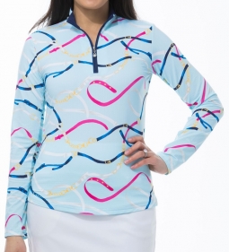 SanSoleil Ladies SolTek ICE Long Sleeve Print Zip Mock Golf Shirts - Reined in Blue