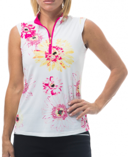 SALE SanSoleil Ladies SolTek ICE Sleeveless Print Zip Mock Golf Shirts - Olivia Pink