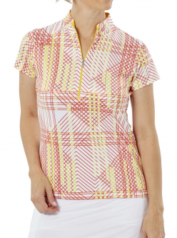 Nancy Lopez Women's Plus Size GLIDE Short Sleeve Mock Golf Shirts - BIRDIE (Lemon/White Multi)